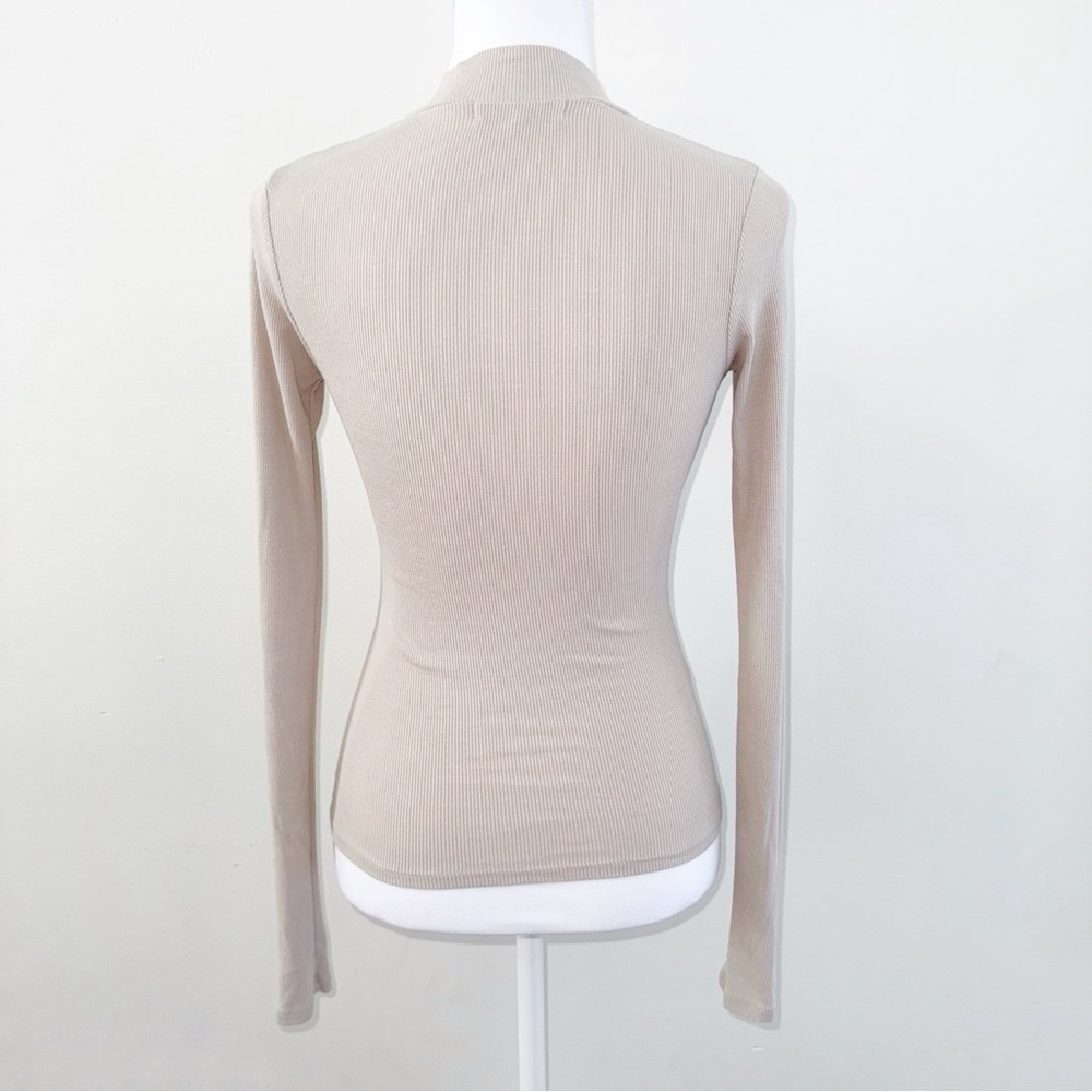 JOAH BROWN BEIGE TAN RIBBED HALF ZIP MOCK NECK LONG SLEEVE TOP - Picture 6 of 13